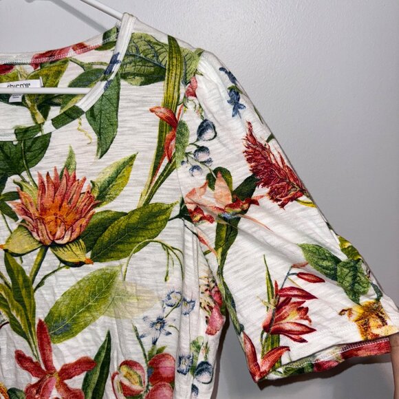 Chico's Floral Print Scoop Neck Puff Sleeve Top In White US Size Large - Picture 5 of 7